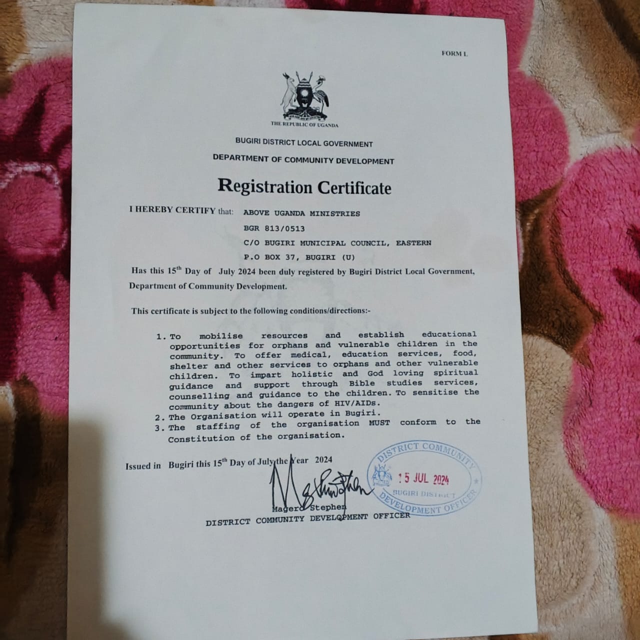 Above Uganda Ministries Registration Certificate