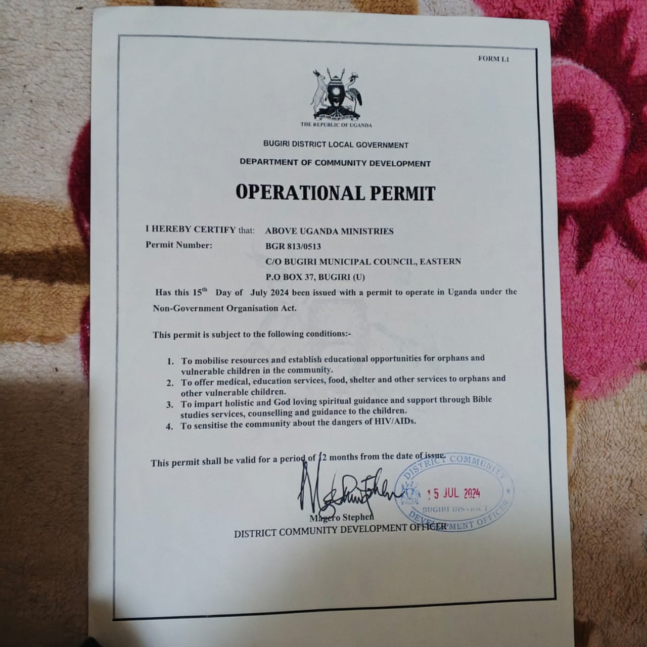Above Uganda Ministries Operational Permit